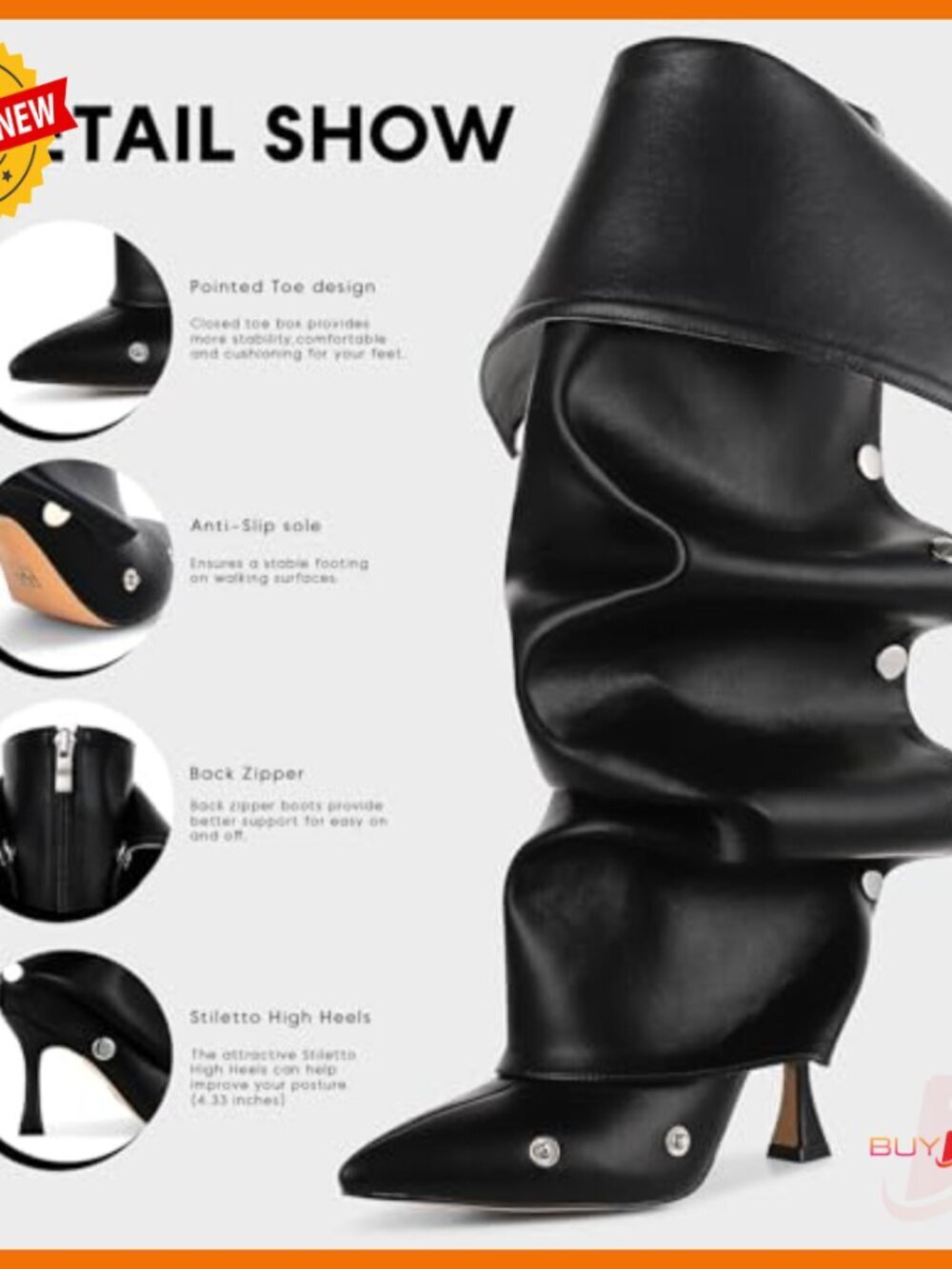 Knee High Stiletto Boots Wide Calf Pointed Toe Slouchy Detachable Panel - Picture 5 of 6